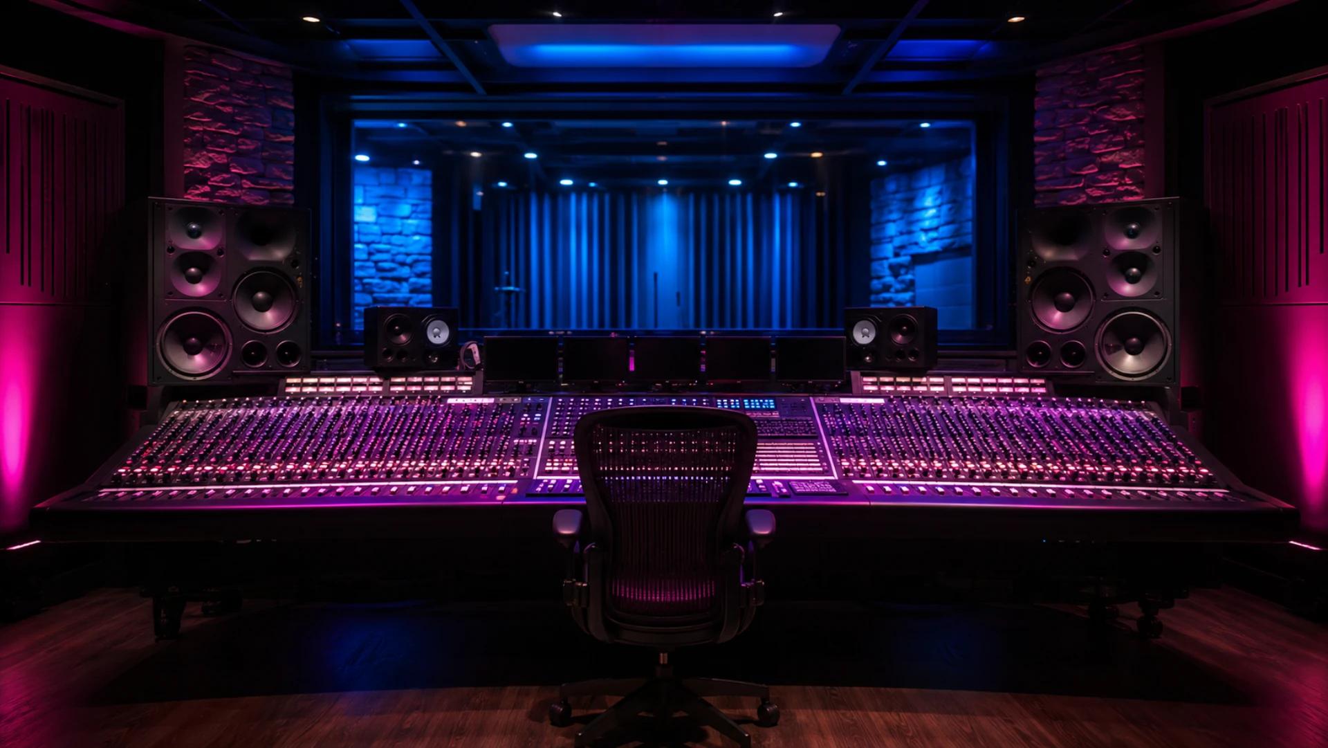 Recording studio control room bathed in magenta and blue light