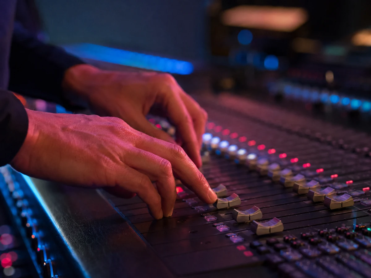 Producer's hands riding faders on a mixing console