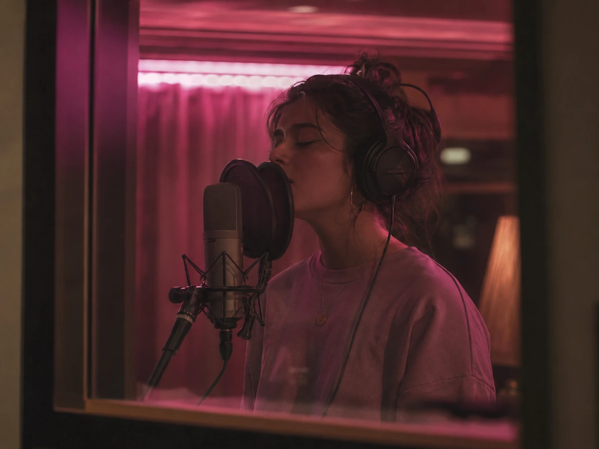 Vocalist recording in a neon-lit vocal booth