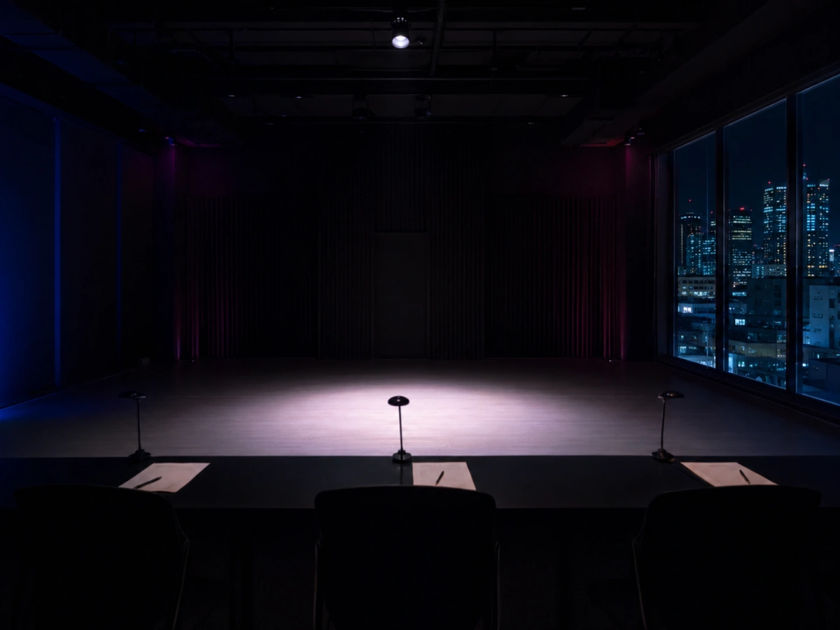 Audition room with judges' table and city skyline at night