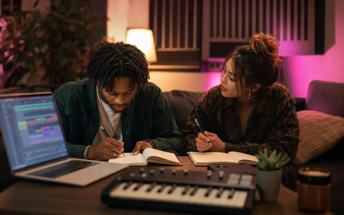 Two writers working on lyrics beside a laptop and MIDI keyboard