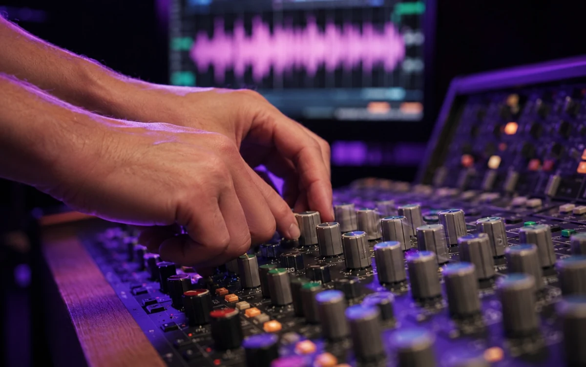Engineer's hands adjusting outboard gear during a mix
