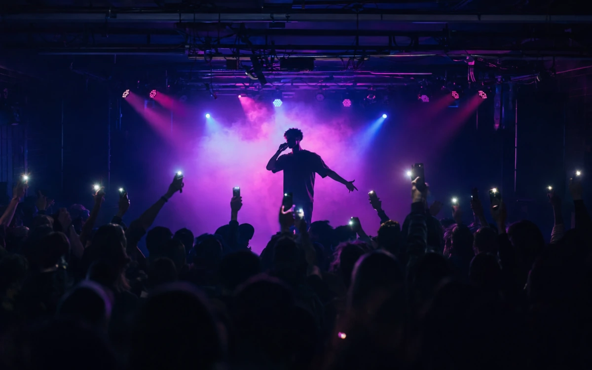 Performer on a smoke-filled stage in front of a live crowd